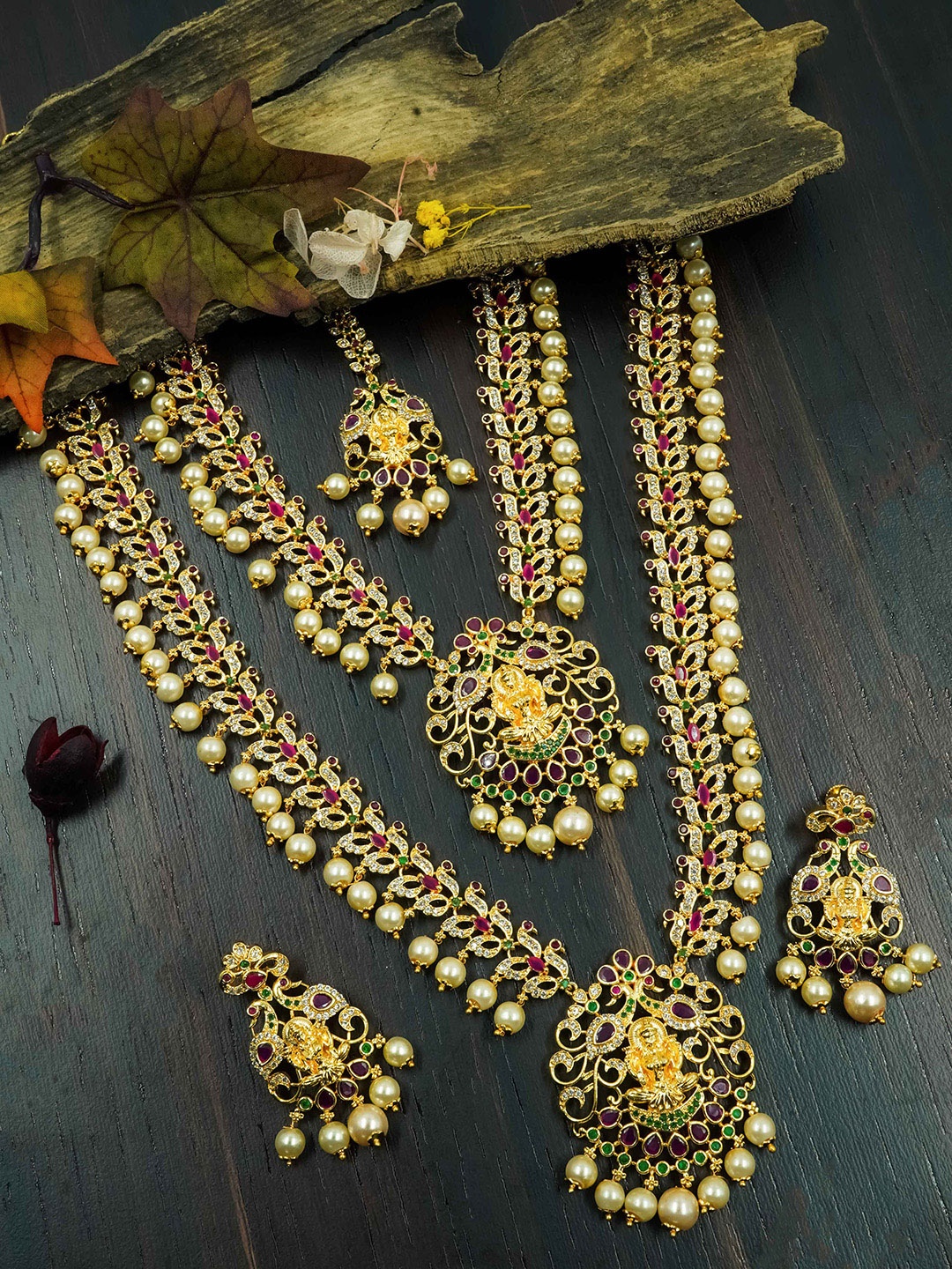 

GRIIHAM Gold-Plated CZ-Studded & Beaded Bridal Jewellery Set