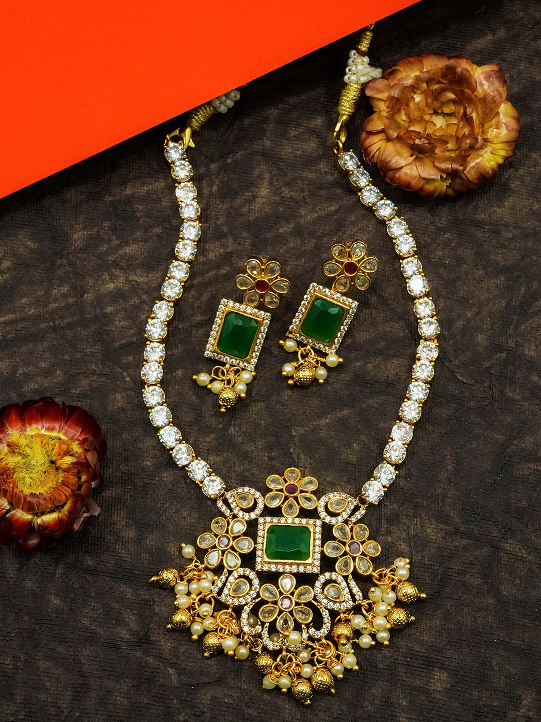 

GRIIHAM Gold-Plated American Diamond & Beaded Brass Jewellery Set