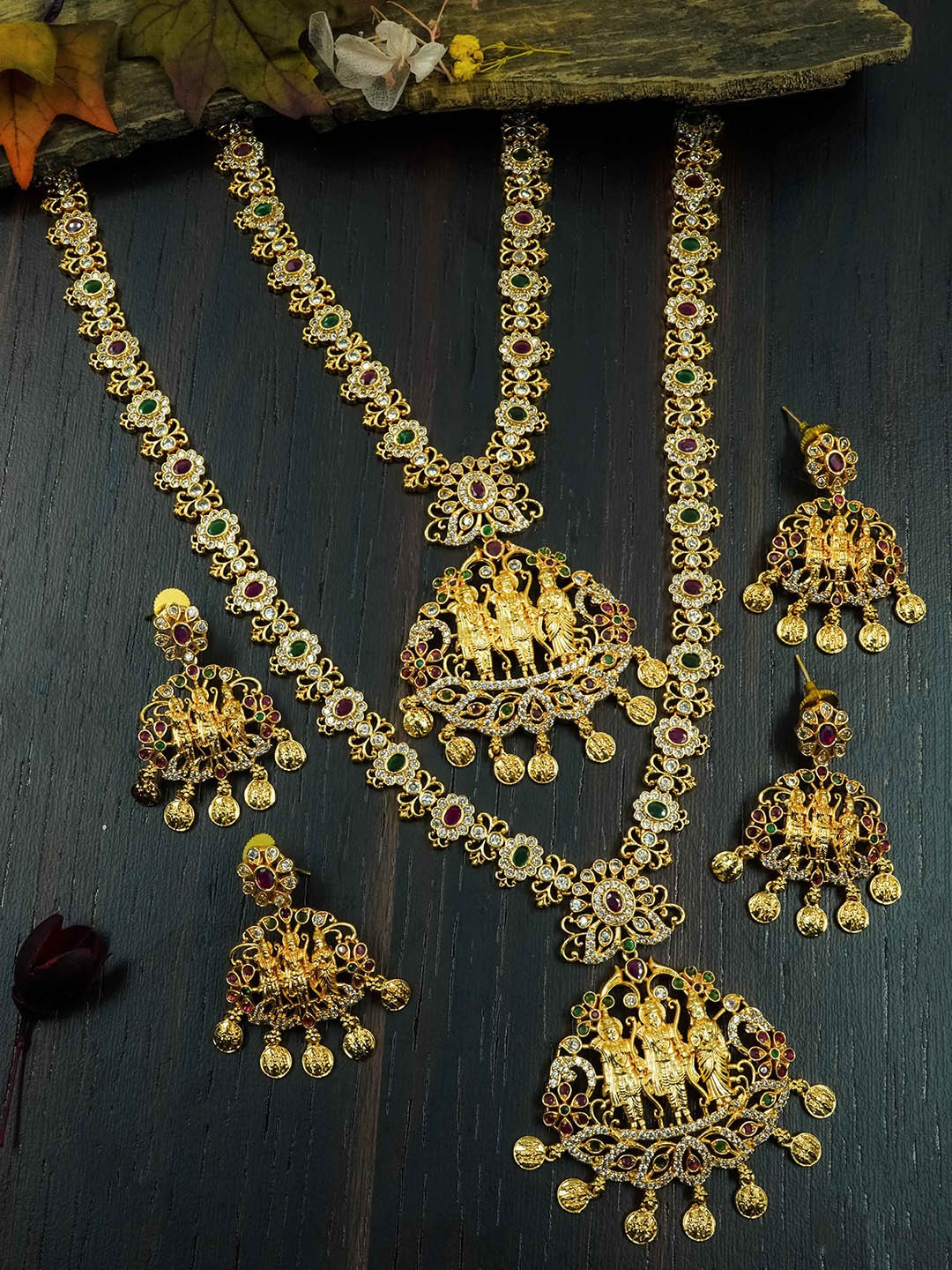 

GRIIHAM 23.5kt Gold-Plated AD-Studded & Beaded Bridal Jewellery Set