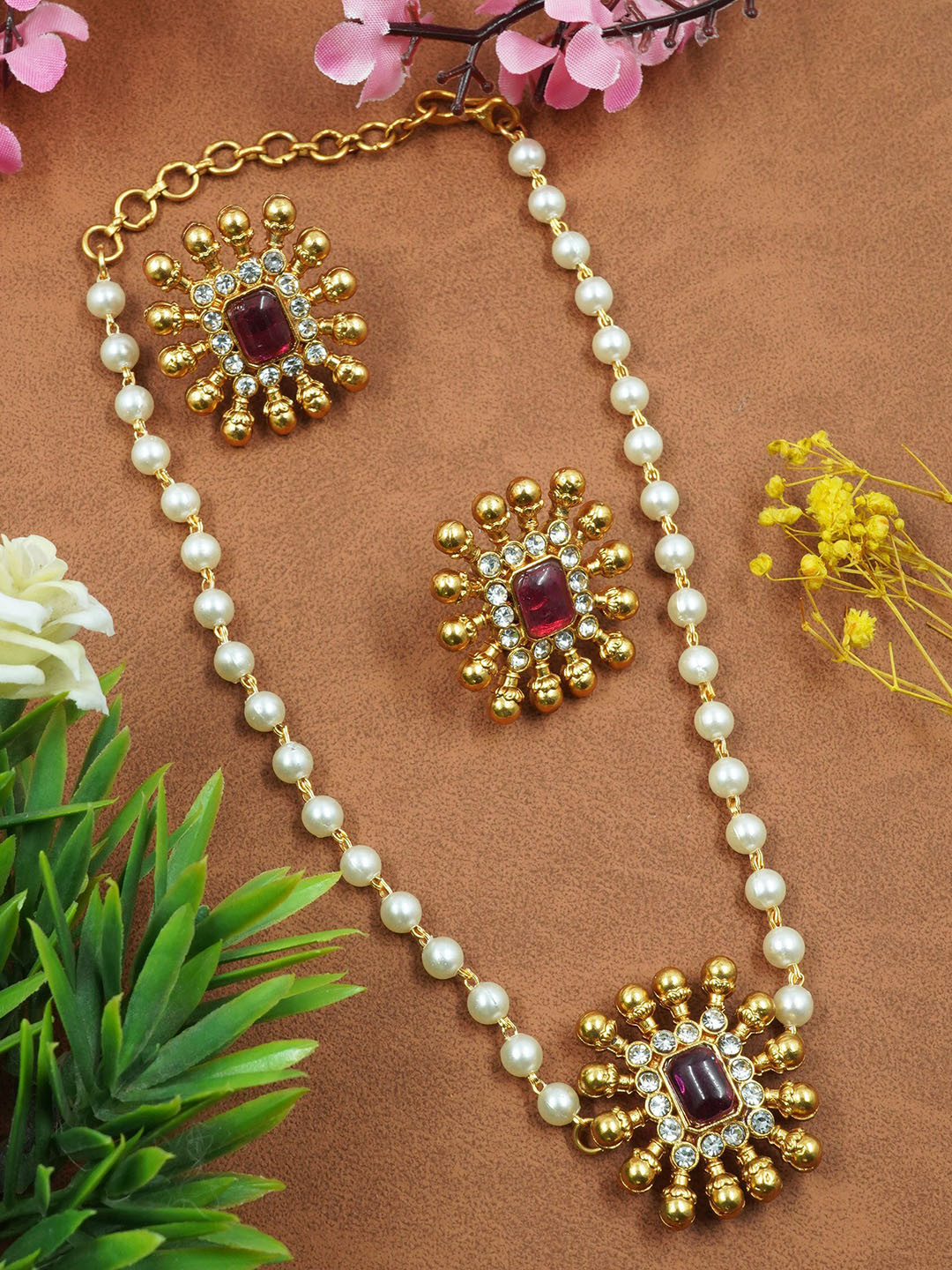 

GRIIHAM Gold-Plated CZ-Studded & Beaded Jewellery Set