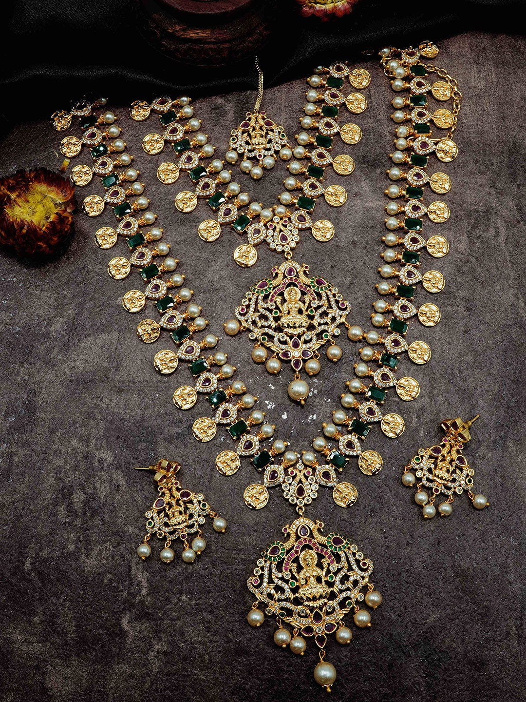 

GRIIHAM Gold-Plated CZ-Studded & Beaded Jewellery Set