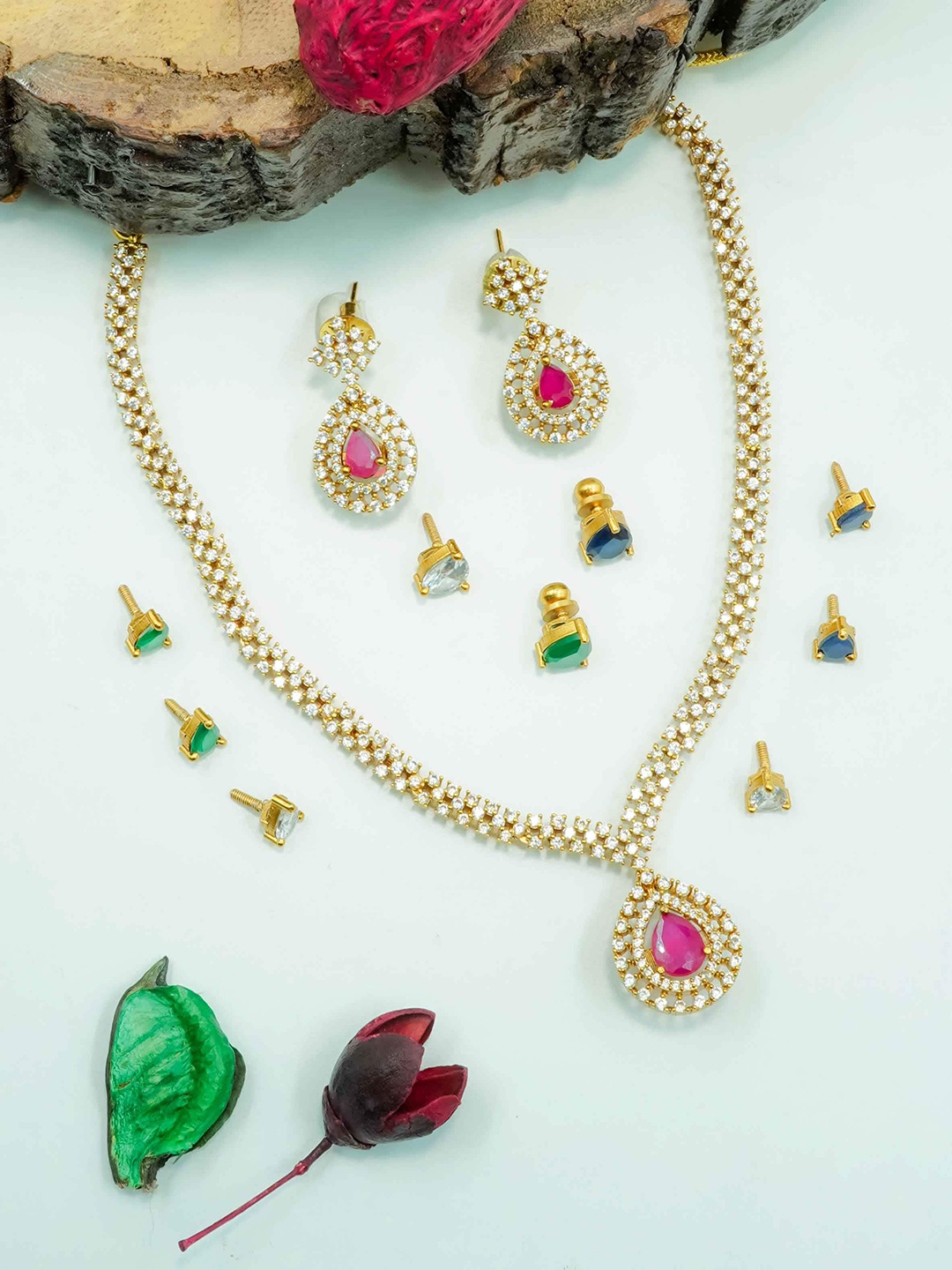 

GRIIHAM Gold-Plated American Stone Studded Brass Jewellery Set