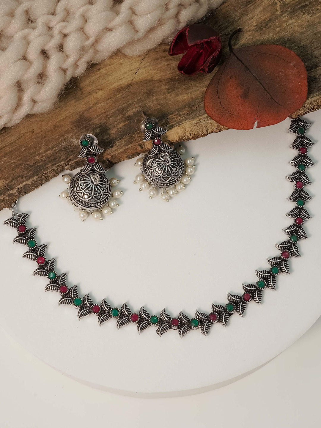 

GRIIHAM Silver-Plated Oxidised AD-Studded Jewellery Set