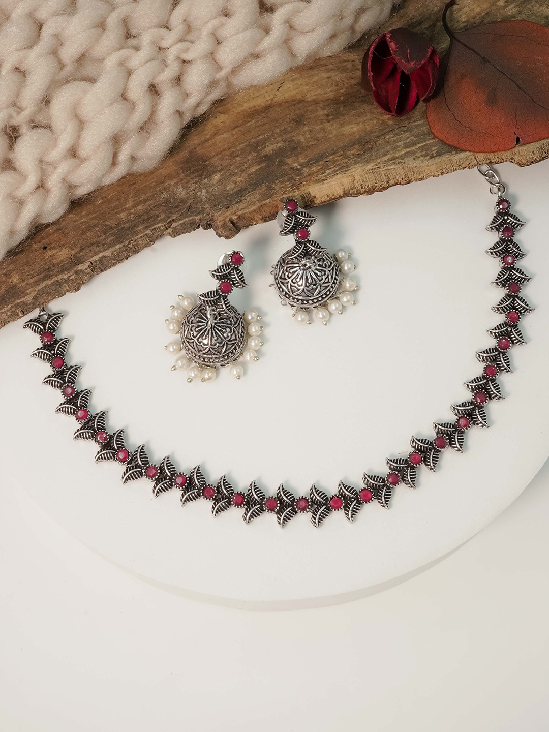 

GRIIHAM Silver-Plated AD-Studded Oxidised Jewellery Set