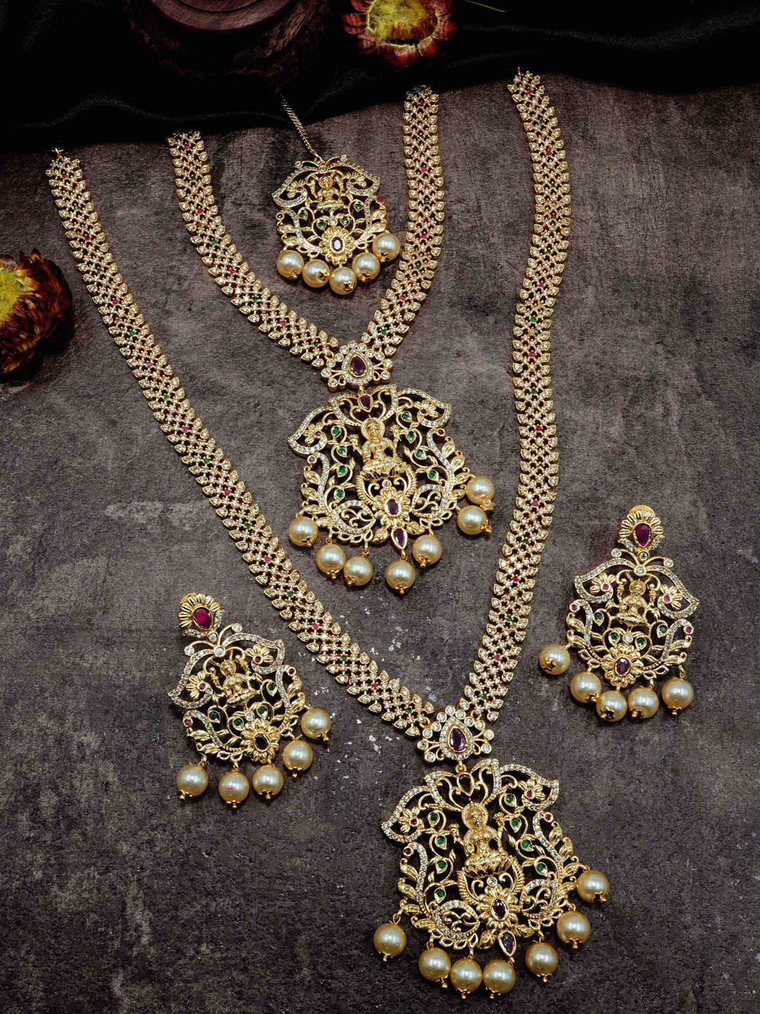 

GRIIHAM Gold-Plated CZ Studded Temple Jewellery Set