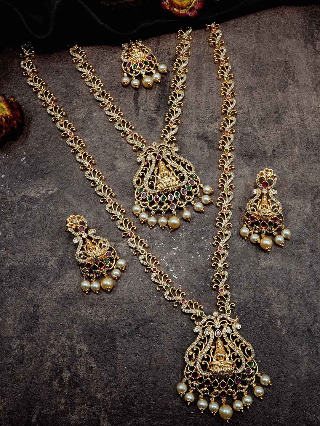 

GRIIHAM Gold-Plated CZ Studded & Beaded Temple Jewellery Set