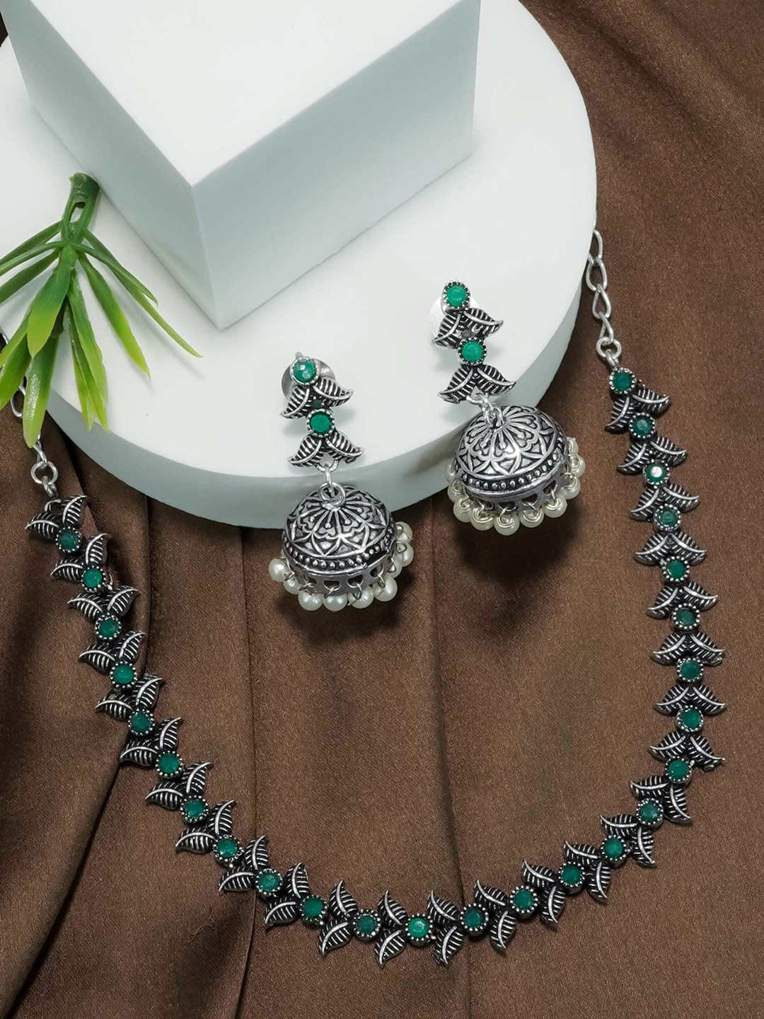 

GRIIHAM Silver-Plated AD-Studded Oxidised Jewellery Set