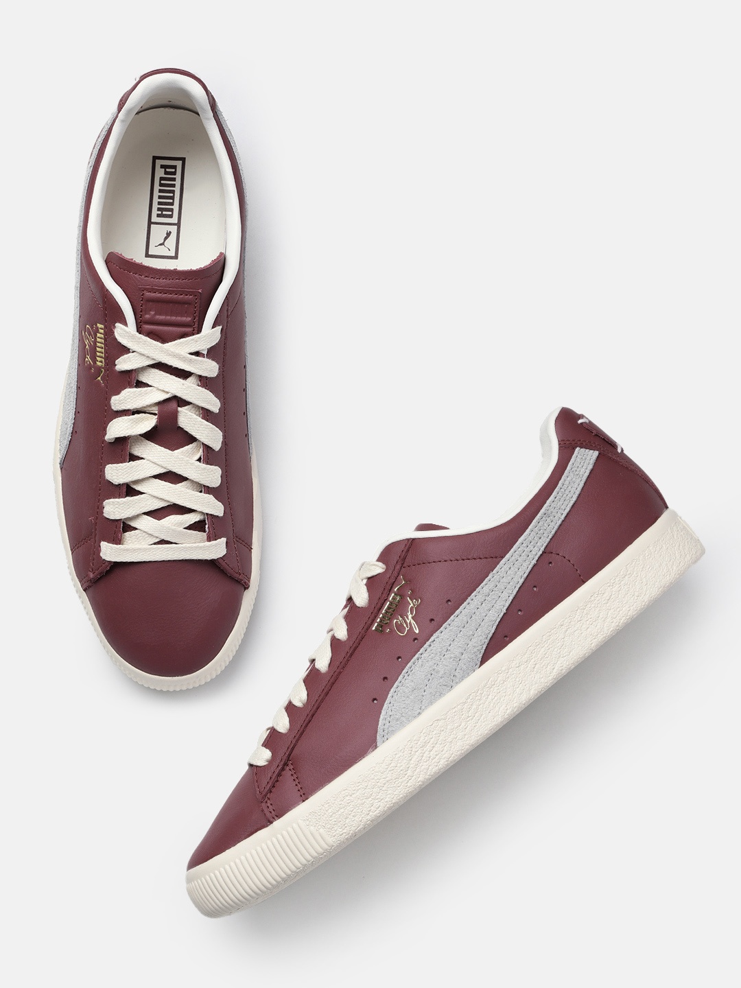 

Puma Unisex Solid Clyde Base Leather Sneakers With Perforations Detail, Burgundy