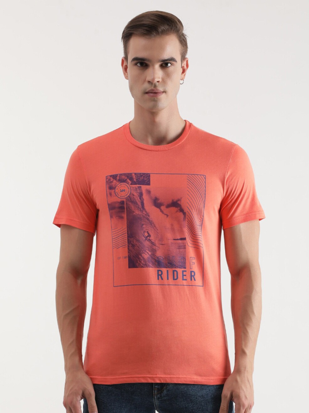 Lee Graphic Printed Cotton Slim Fit T-shirt, Orange