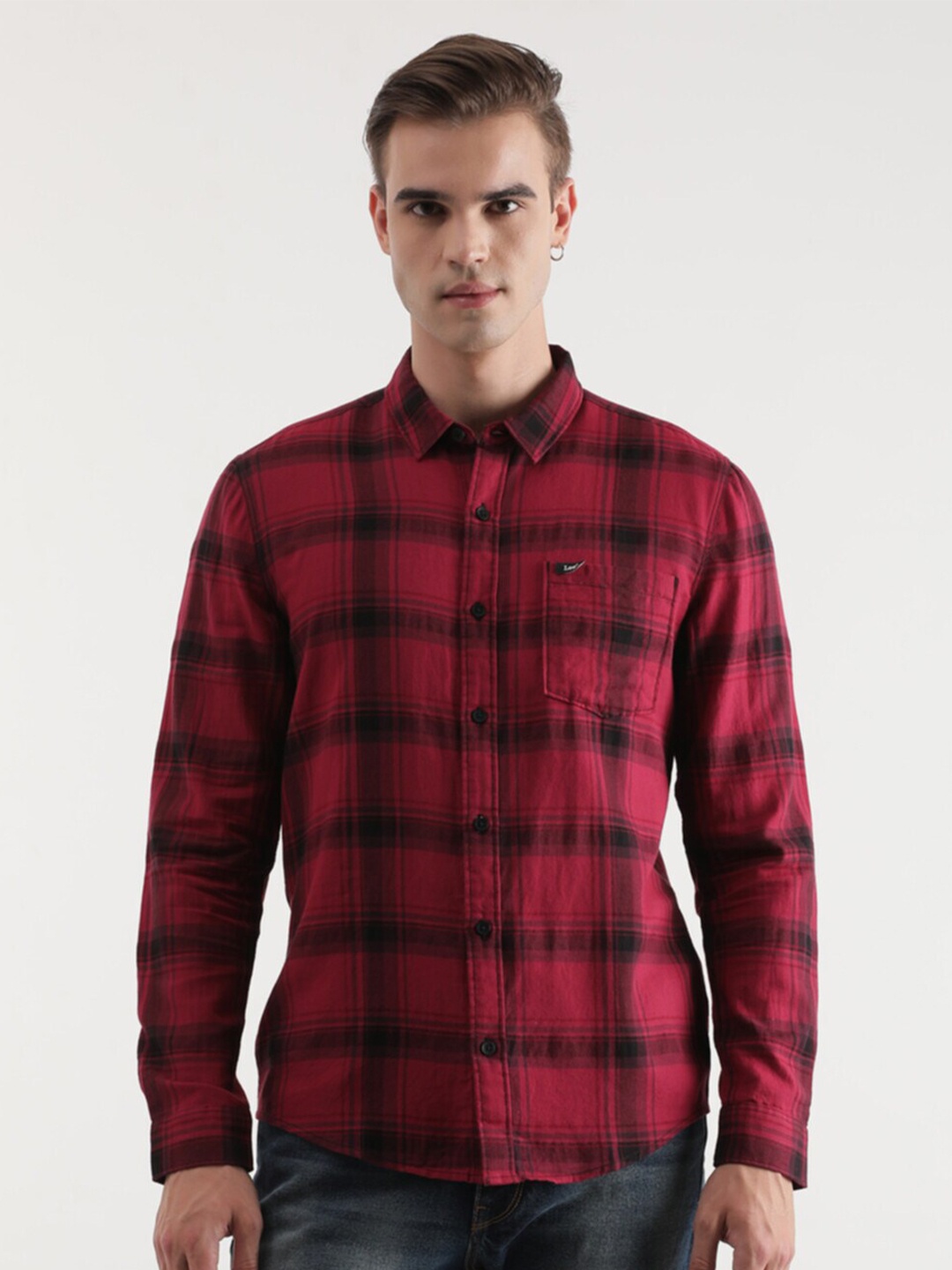 

Lee Slim Fit Tartan Checked Button-Down Collar Cotton Casual Shirt, Red