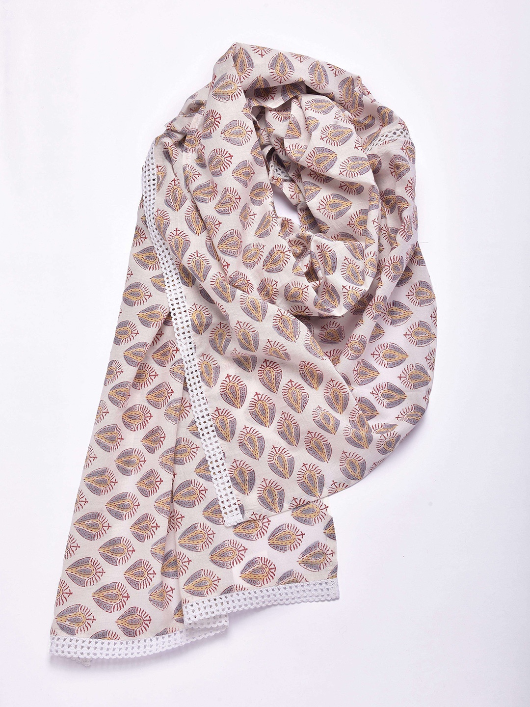 

trueBrowns Women Block Print Cotton Stole, White