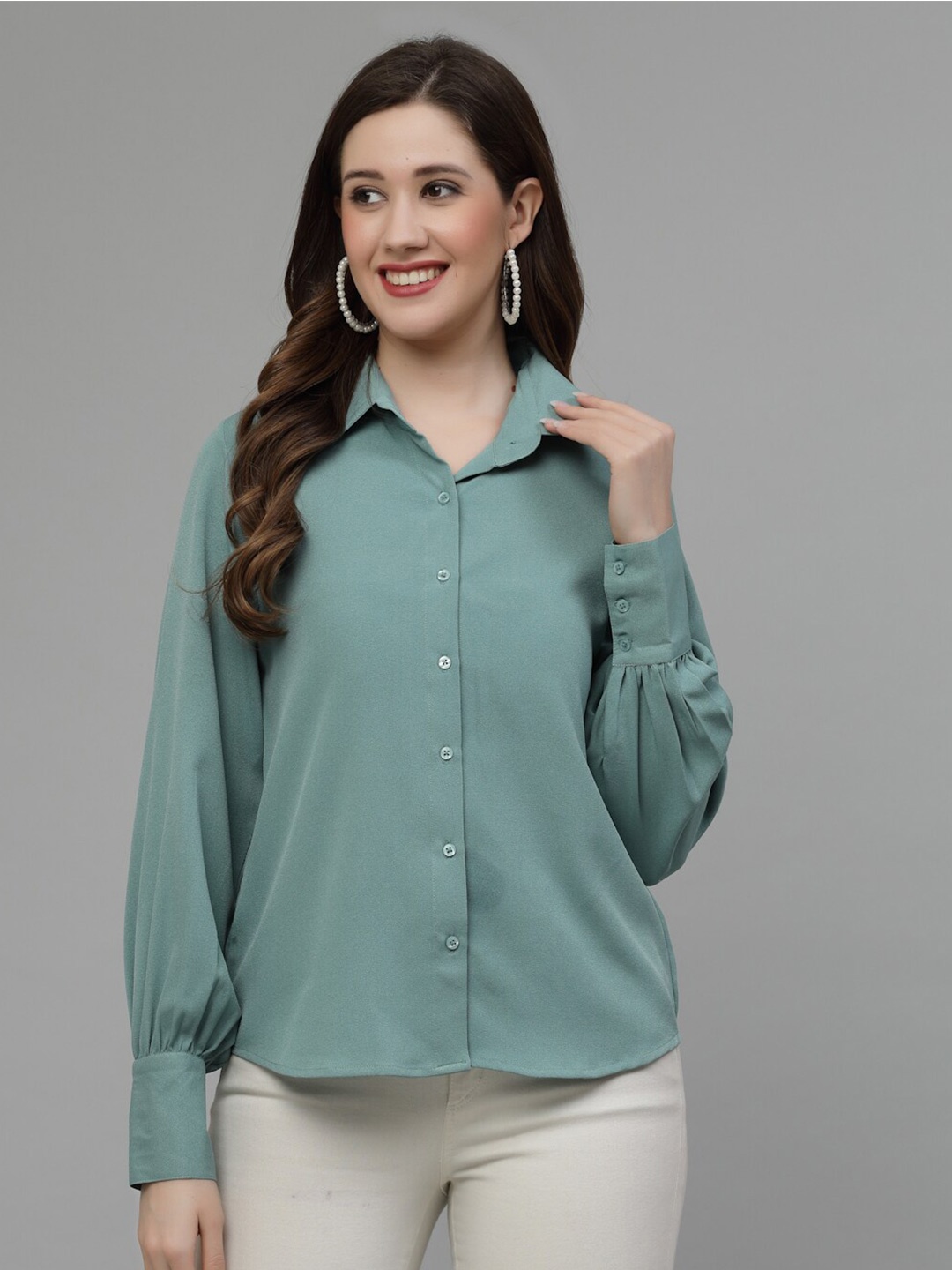 

Wool Trees Spread Collar Puffed Sleeves Casual Shirt, Green