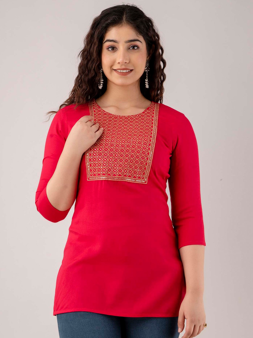 

FASHION DEPTH Ethnic Motifs Sequinned Embroidered Top, Red
