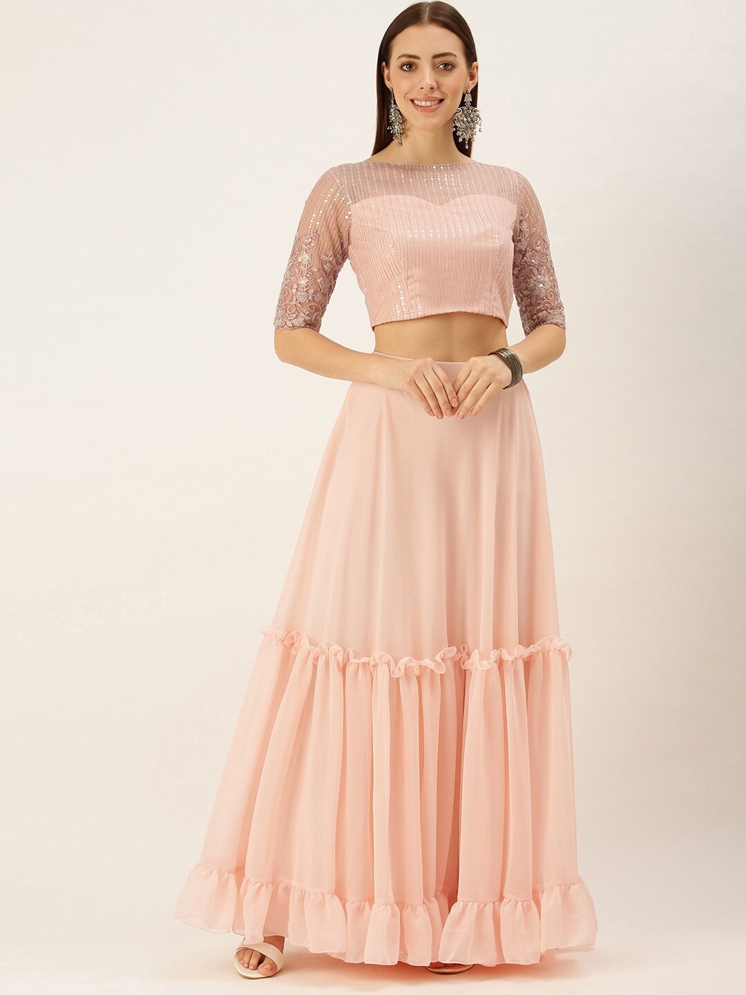 

Ethnovog Embellished Sequinned Ready to Wear Crop Top And Lehenga, Peach