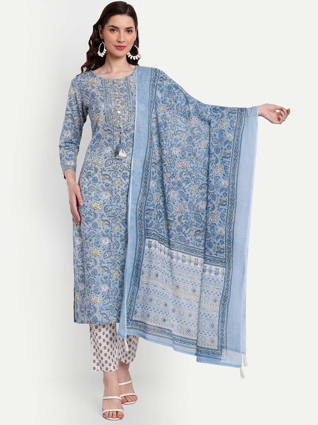 

KASHEEDA Printed Mirror Work Sequined Pure Cotton Kurta with Trousers & Dupatta, Blue