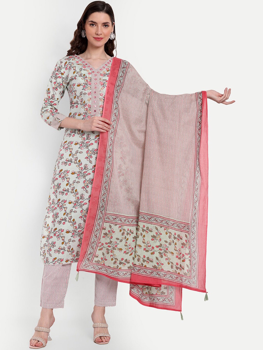 

KASHEEDA Floral Printed Mirror Work Pure Cotton Kurta with Trousers & Dupatta, Green
