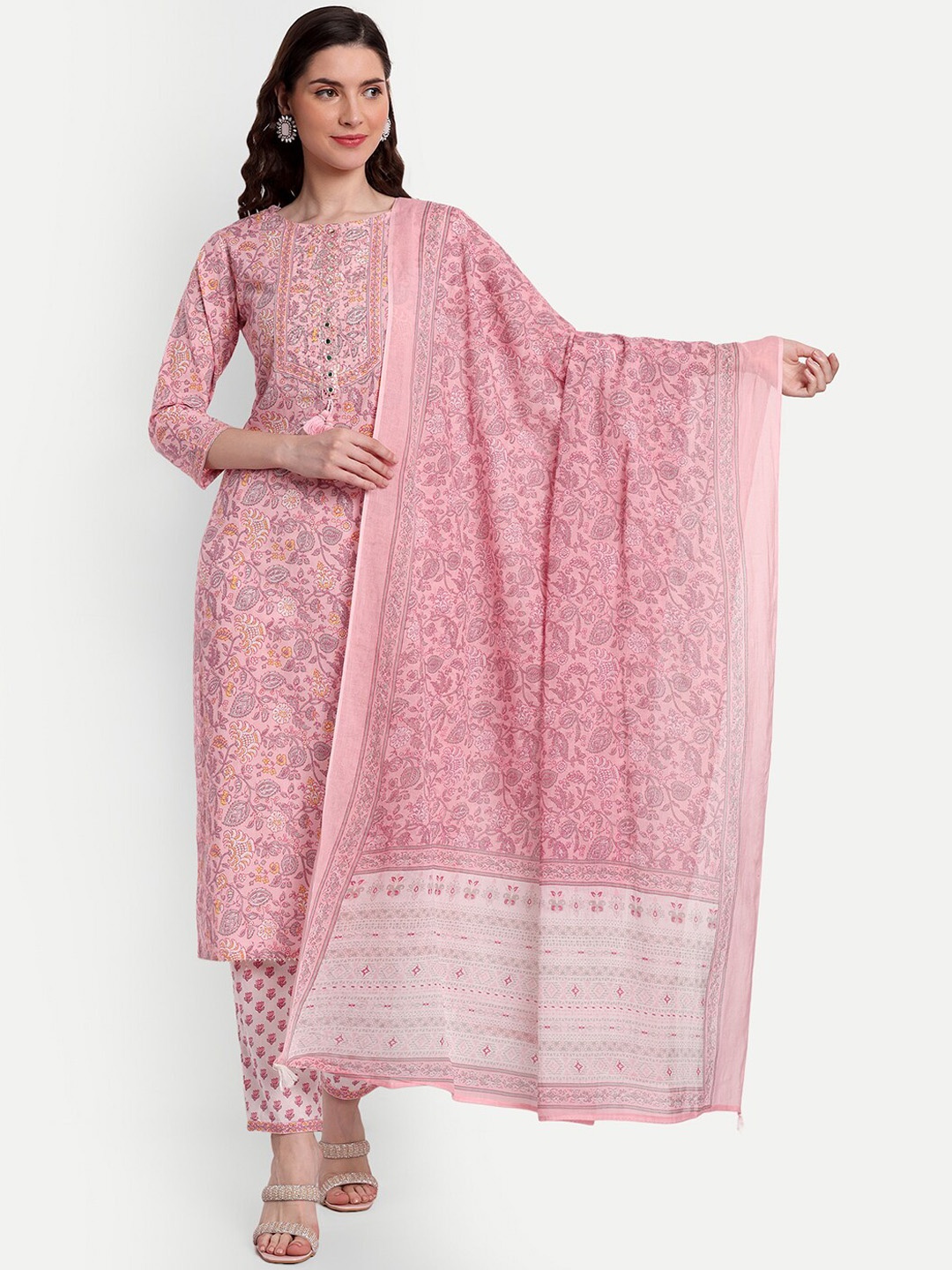 

KASHEEDA Floral Printed Mirror Work Pure Cotton Kurta with Trousers & Dupatta, Peach