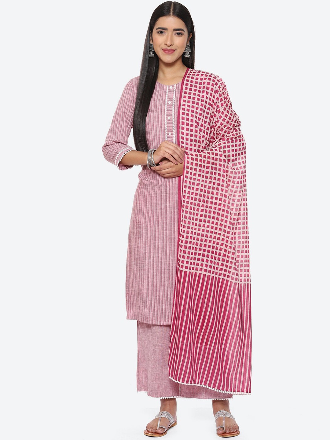 

Biba Striped Thread Work Kurta with Palazzos & Dupatta, Magenta