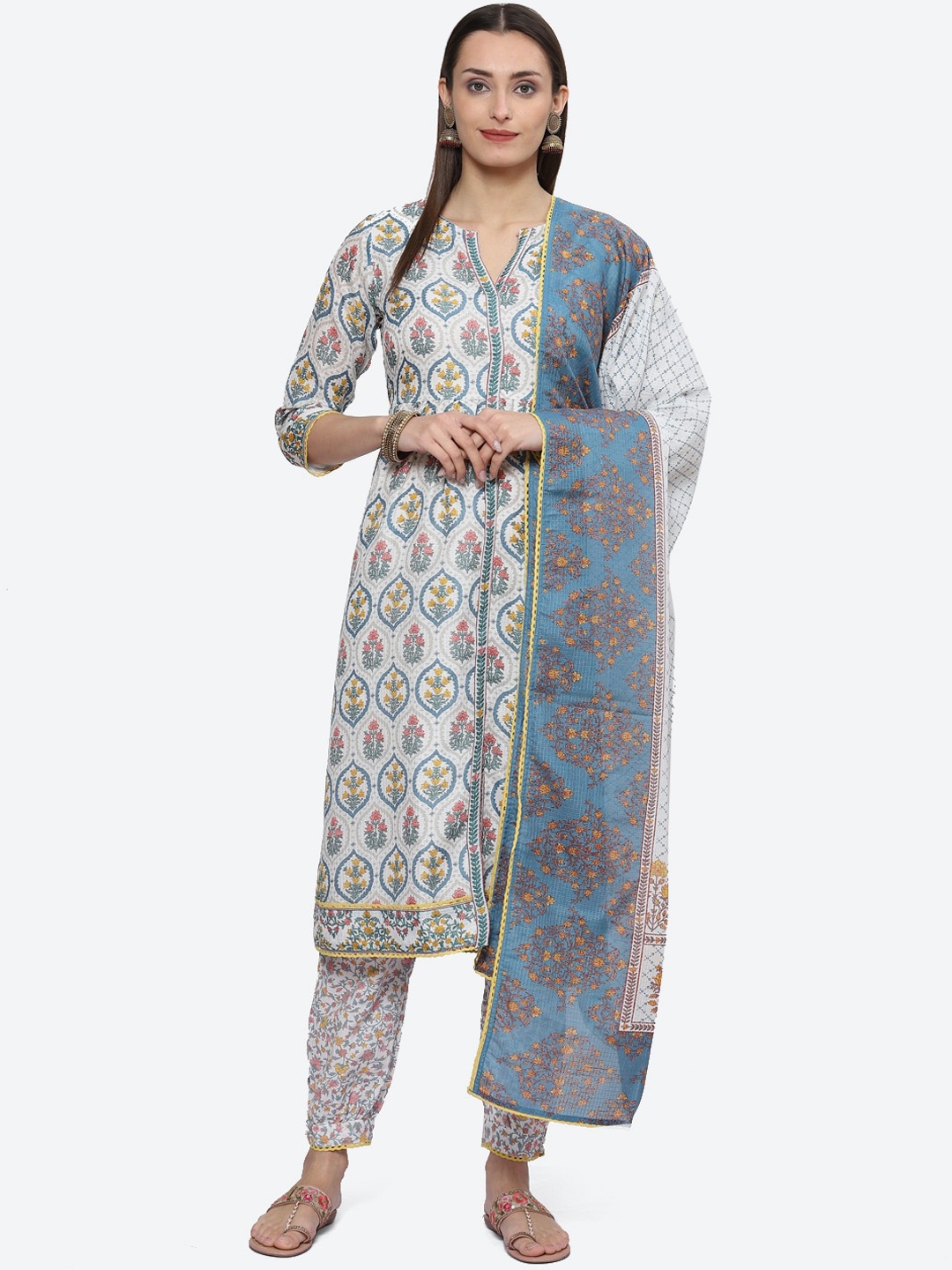 

Biba Ethnic Motifs Printed A-Line Kurta with Salwar & Dupatta, White