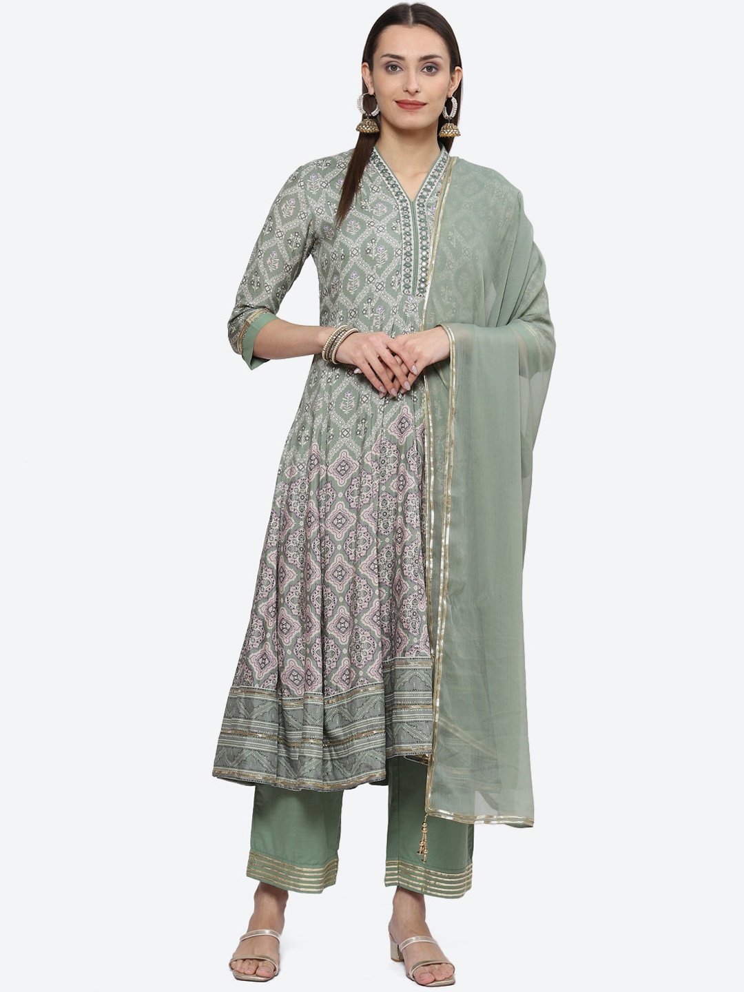 

Biba Women Green Floral Printed Regular Kurta with Palazzos & With Dupatta