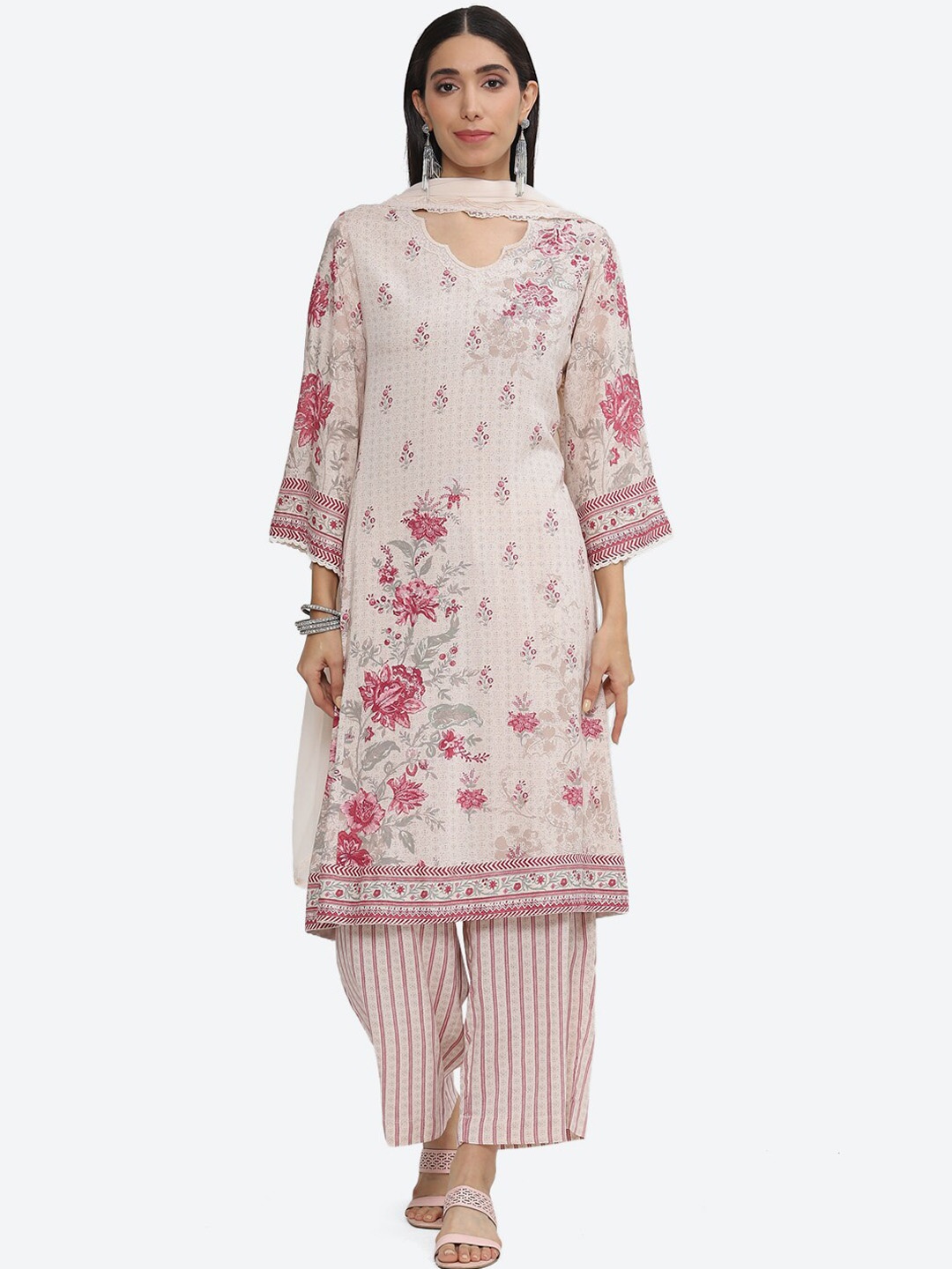 

Biba Floral Printed Thread Work Kurta with Palazzos & Dupatta, Beige