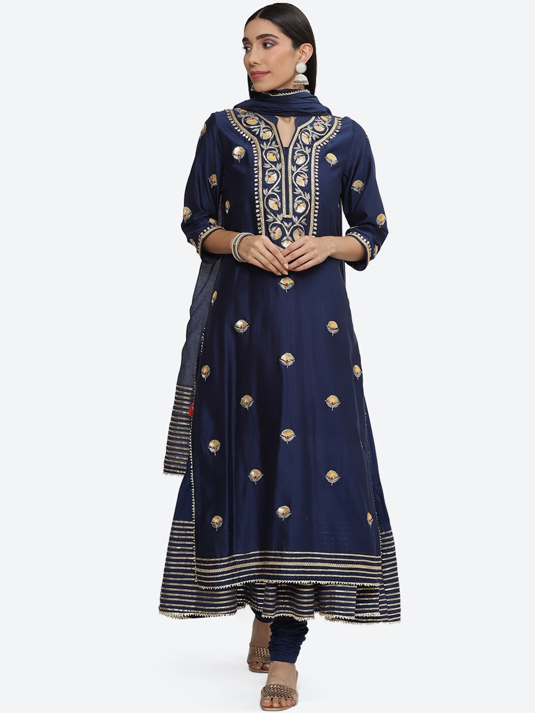 

Biba Floral Embroidered Gotta Patti Layered Kurta with Churidar & Dupatta, Navy blue