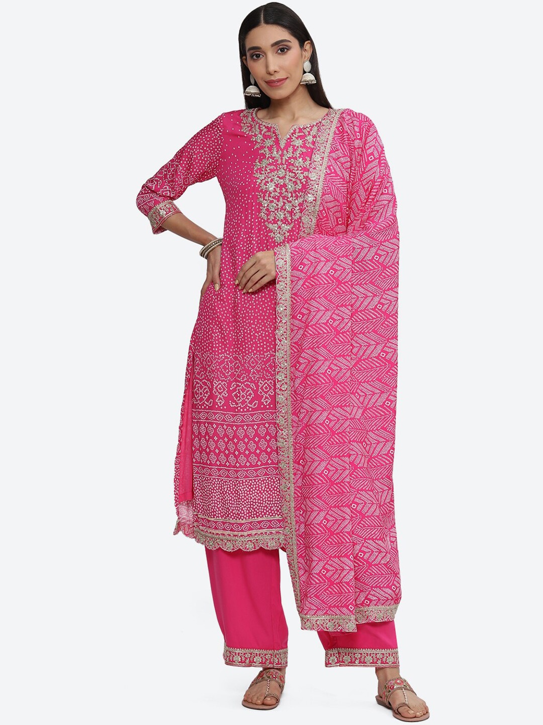 

Biba Bandhani Printed Gotta Patti Zari Kurta with Palazzos & Dupatta, Pink