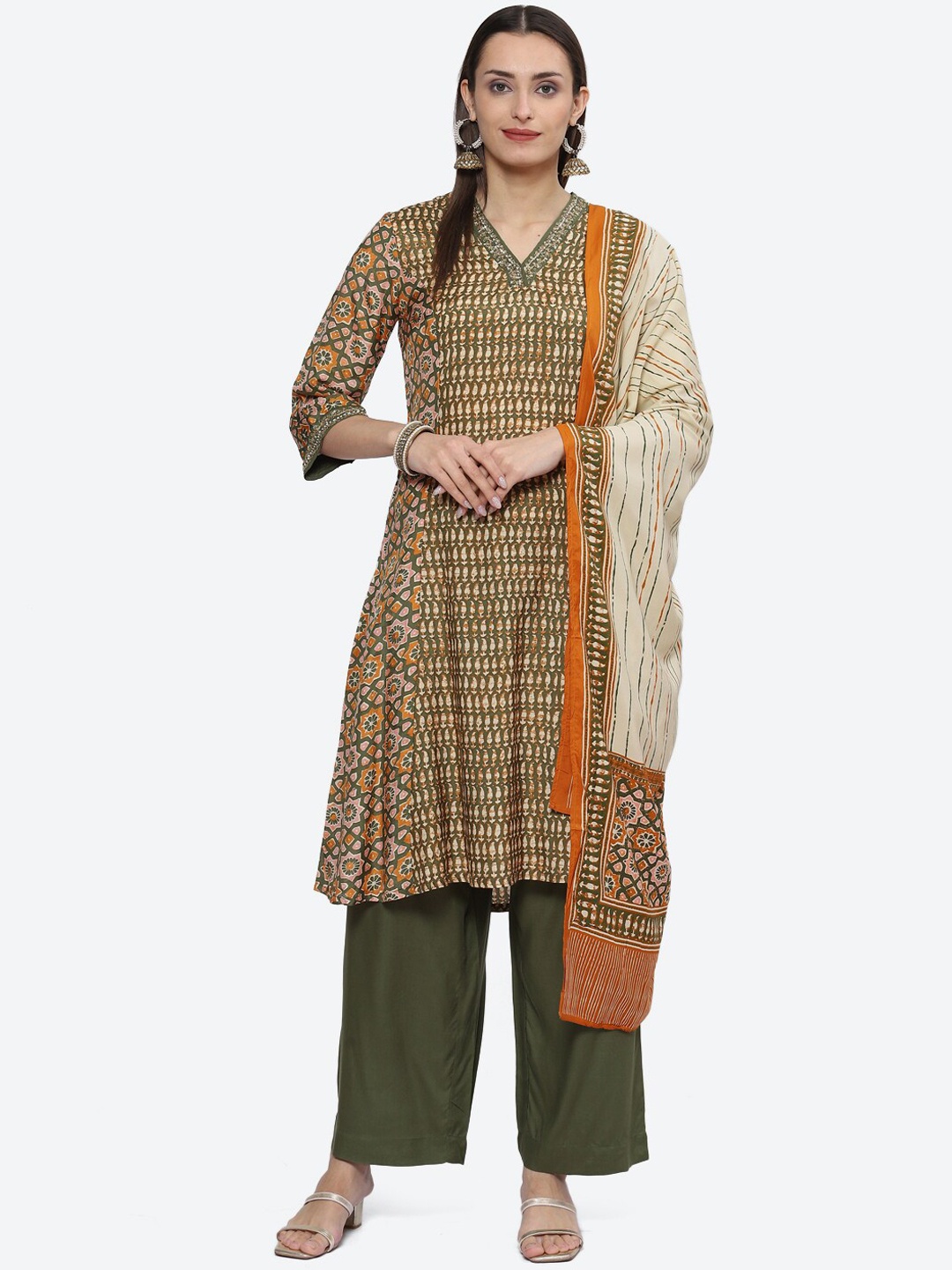 

Biba Ethnic Motifs Printed Sequined A-Line Kurta with Palazzos & Dupatta, Green
