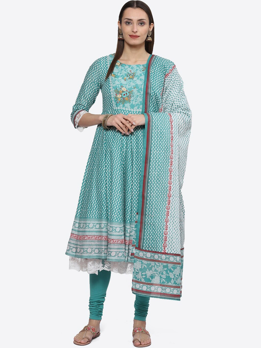 

Biba Ethnic Motifs Printed Thread Work Pure Cotton Kurta with Churidar & Dupatta, Turquoise blue