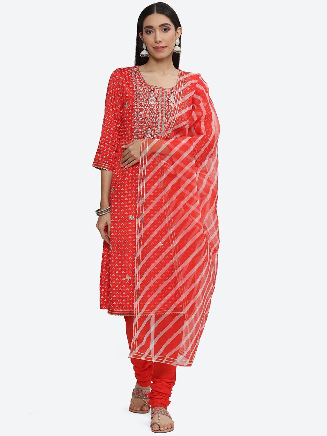 

Biba Bandhani Printed Gotta Patti Kurta with Churidar & Dupatta, Red