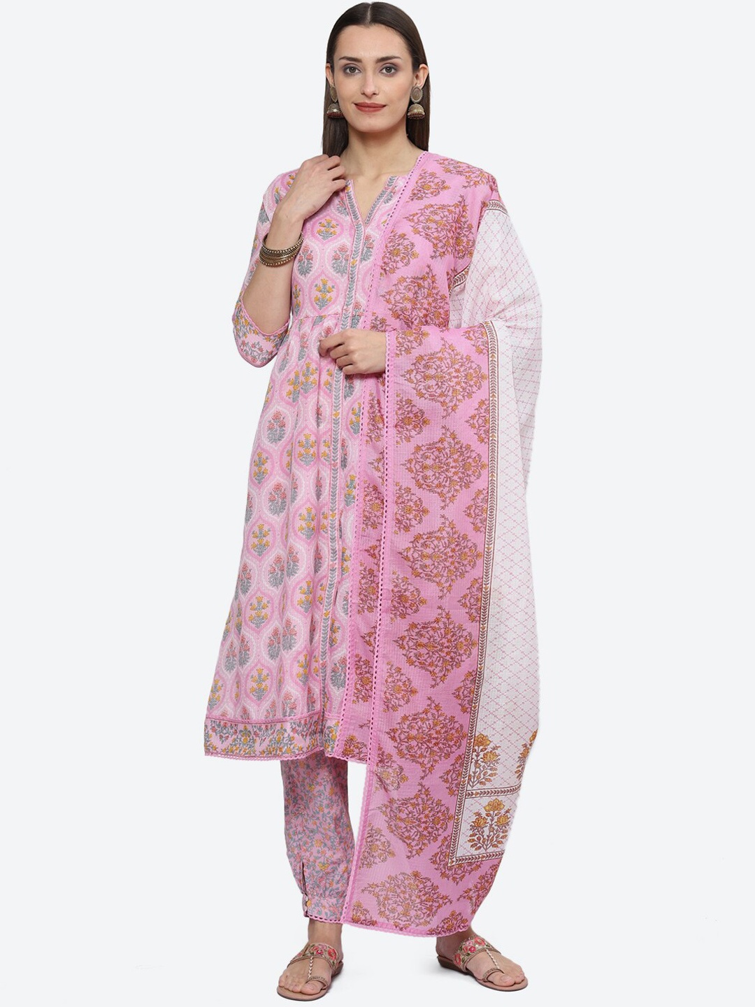 

Biba Notched Neck Floral Printed A-Line Kurta with Trousers & Dupatta, Pink