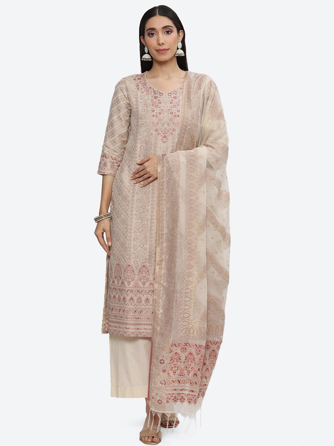 

Biba V-Neck Ethnic Motifs Woven Design Kurta with Palazzos & Dupatta, Beige