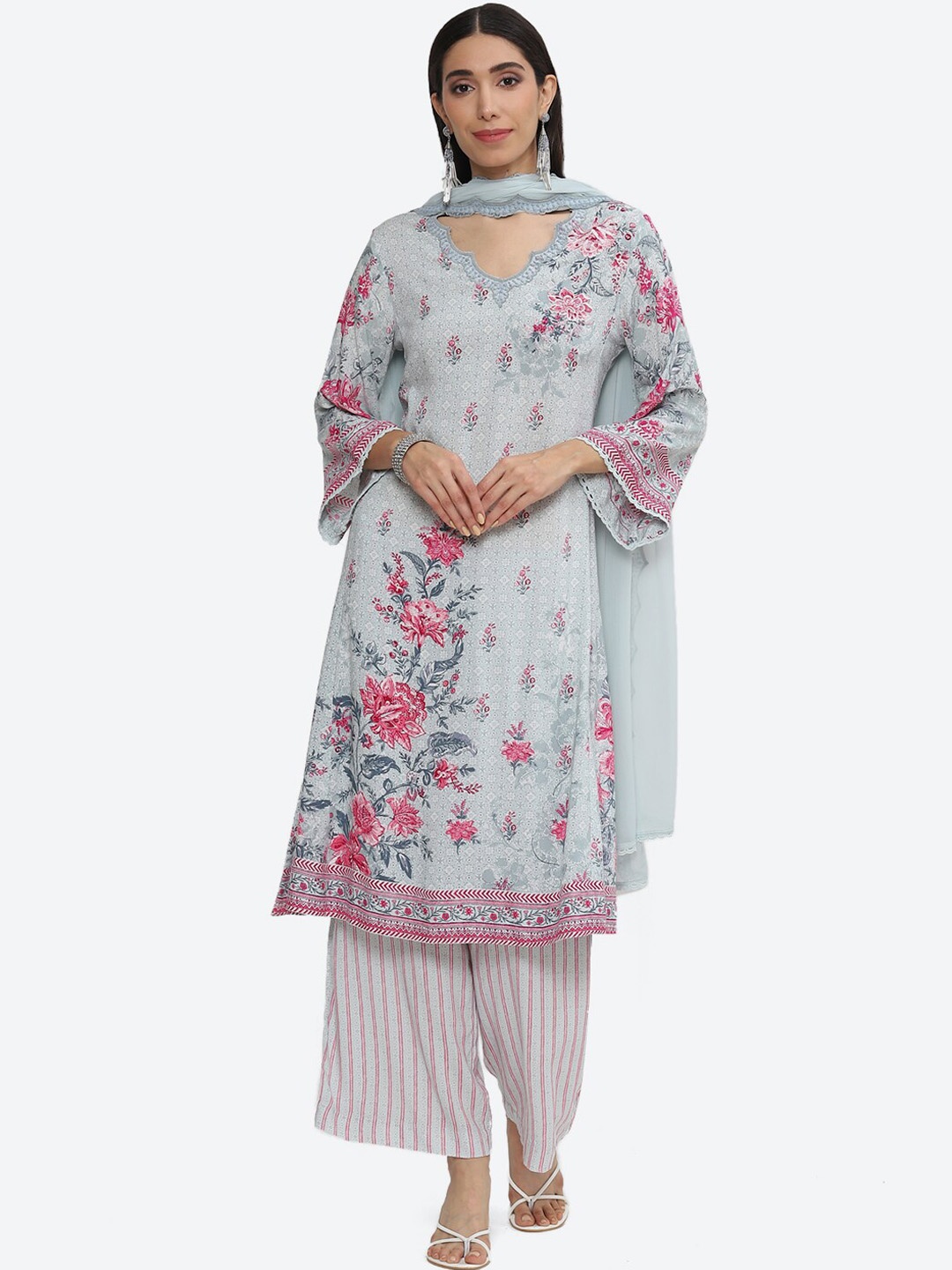 

Biba Floral Printed Thread Work A-Line Kurta with Palazzos & Dupatta, Blue