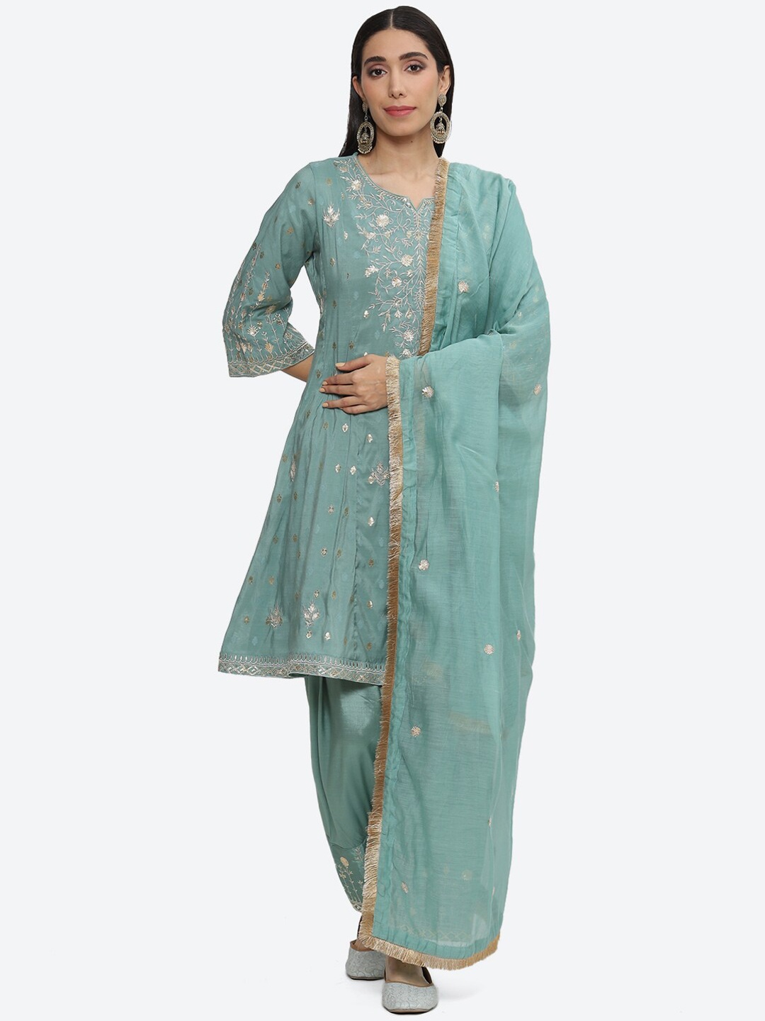 

Biba Ethnic Motifs Embroidered A-Line Kurta with Salwar & Dupatta, Sea green