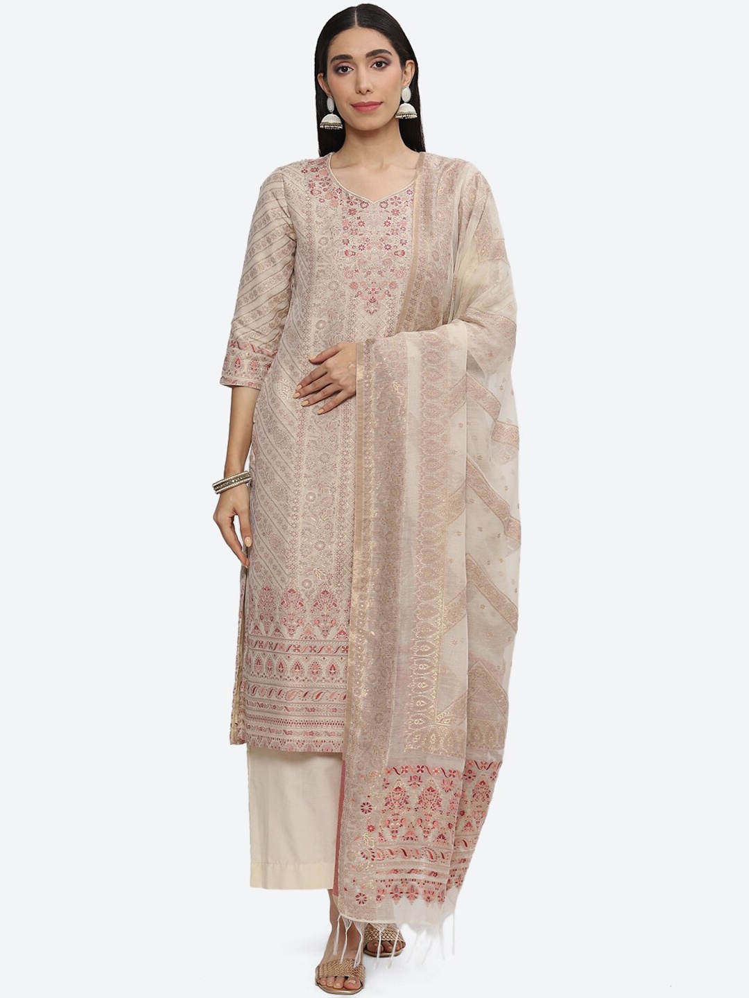 

Biba Ethnic Motifs Woven Design V-Neck Kurta with Palazzos & Dupatta, Beige