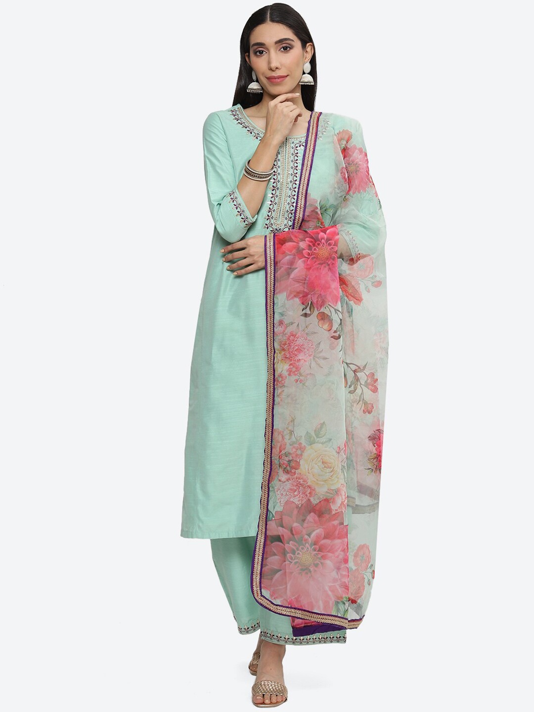 

Biba Ethnic Motifs Embroidered Zari Pure Cotton Kurta with Palazzos & Dupatta, Sea green