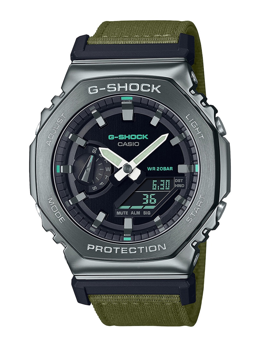 

CASIO Men G-Shock G-Steel GM-2100CB-3ADR Grey Ana-Digi Dial Green Cloth Band Watch G1374, Black