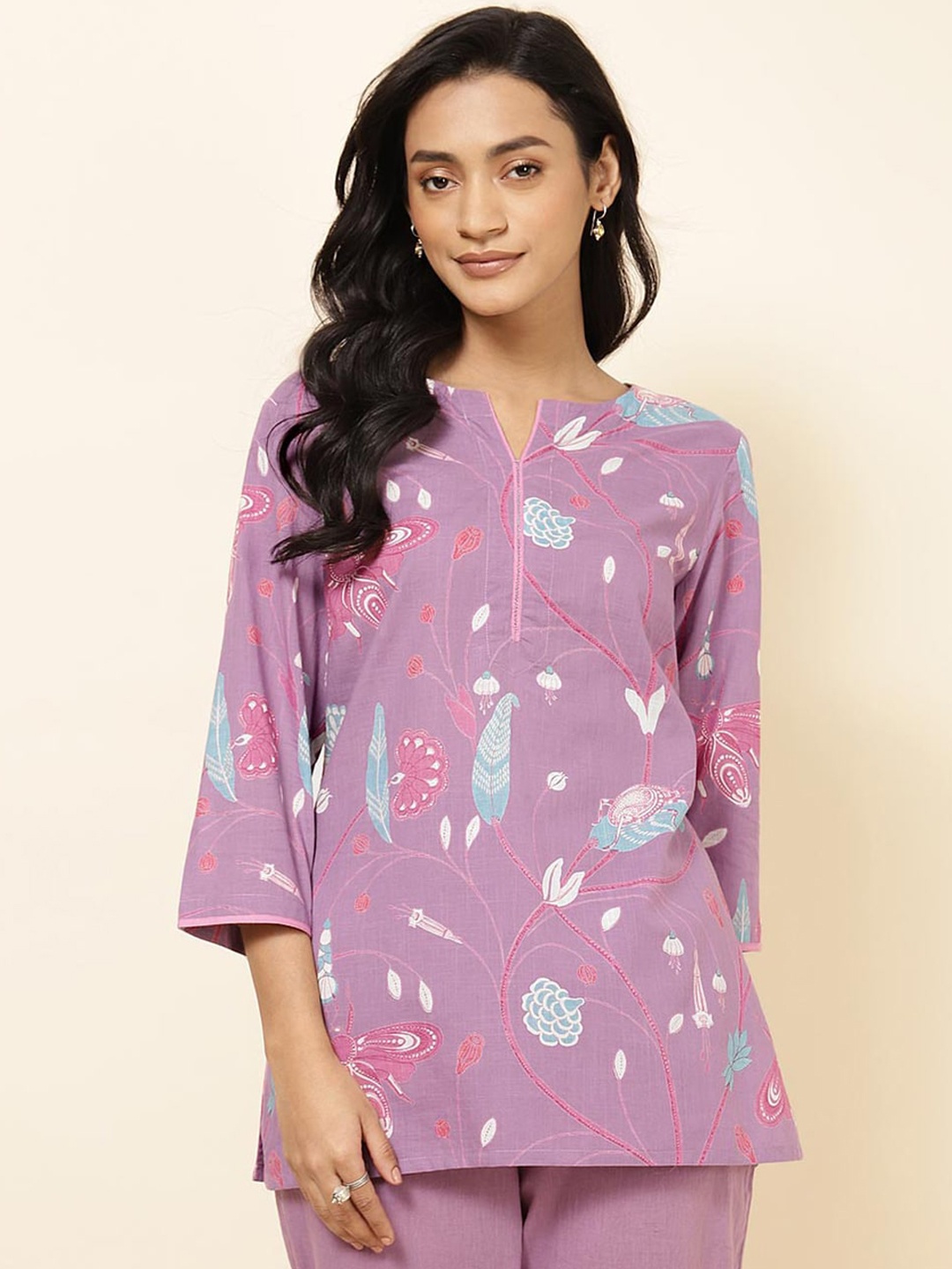 

Fabindia Floral Printed Pure Cotton Kurti, Purple