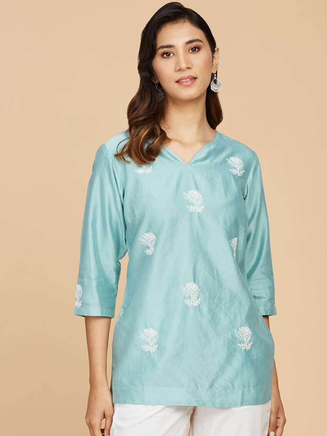 

Fabindia Floral Embroidered Cotton Kurti, Blue