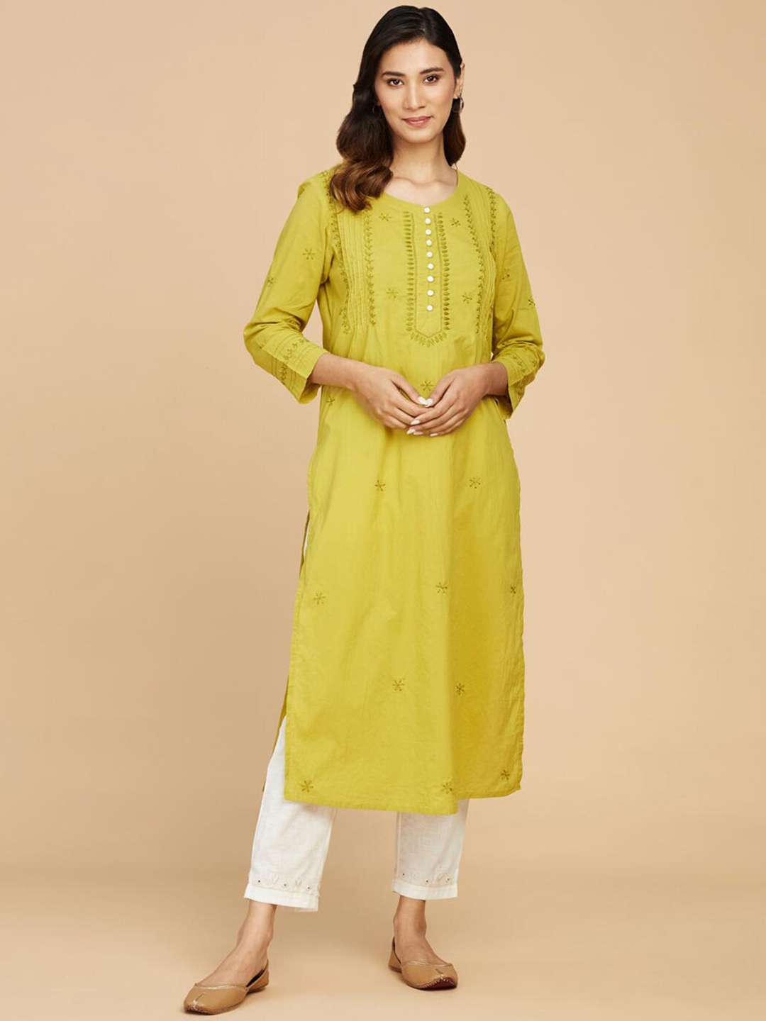 

Fabindia Ethnic Motifs Chikankari Embroidered Cotton Kurta, Green