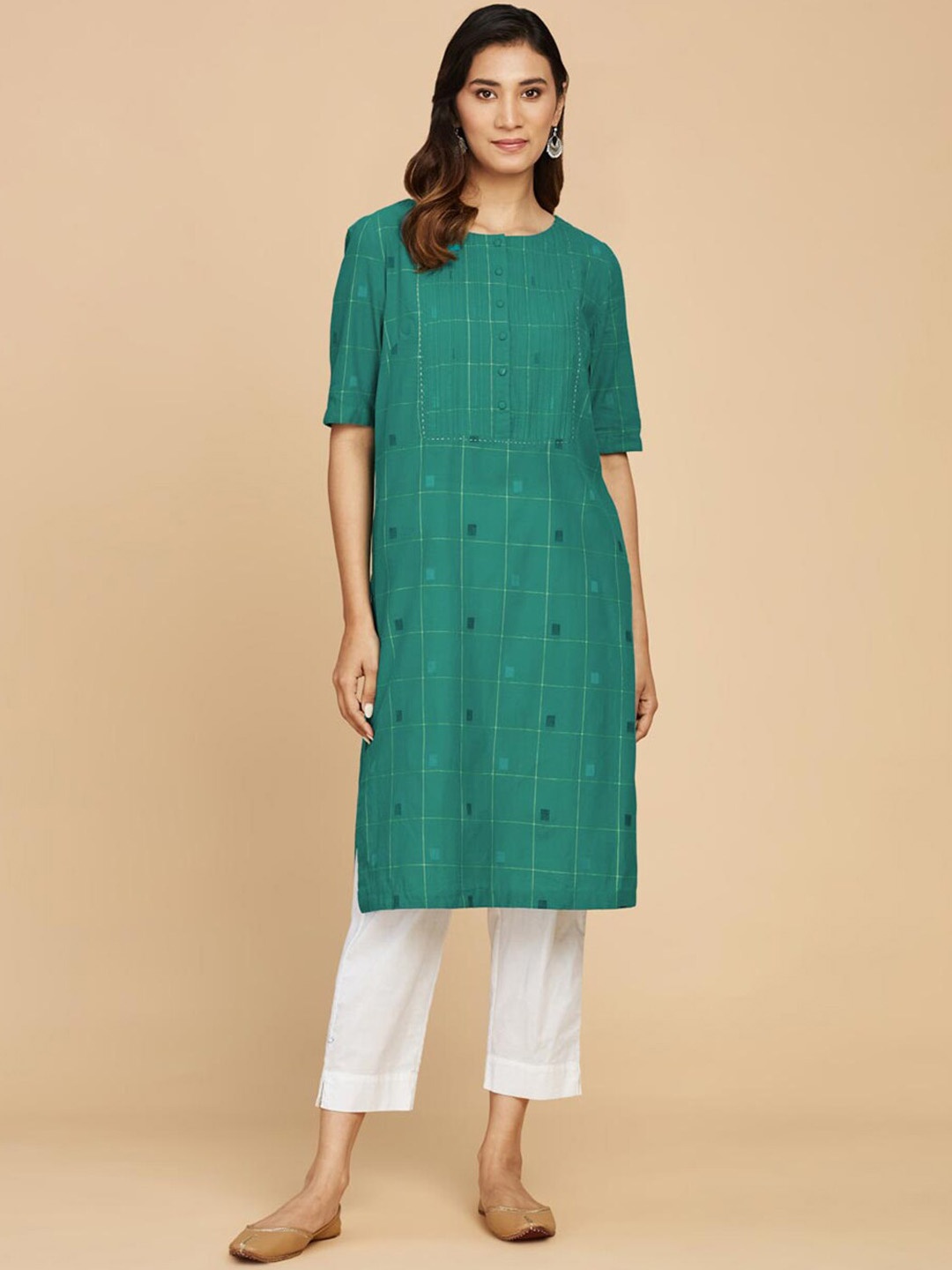 

Fabindia Geometric Woven design Straight Kurta, Green