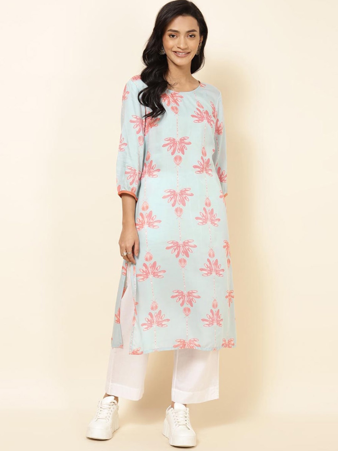 

Fabindia Floral Printed Round Neck Kurta, Blue