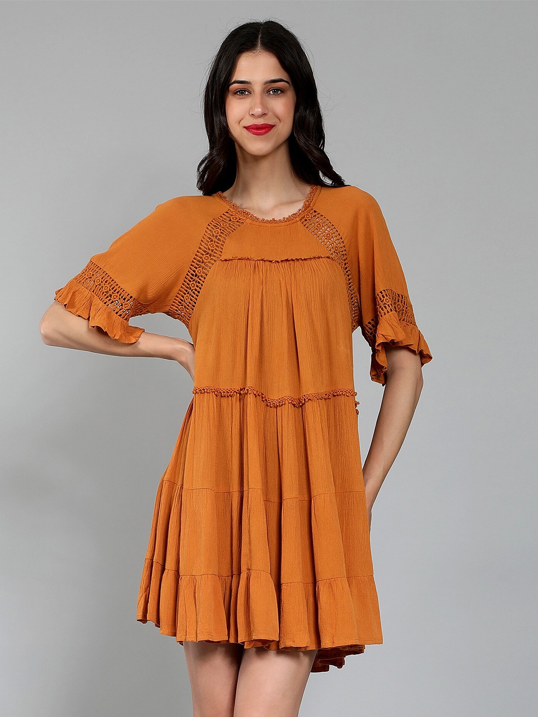 

DEBONATELLA Self Design Flared Sleevse Tiered A-Line Mini Dress, Rust