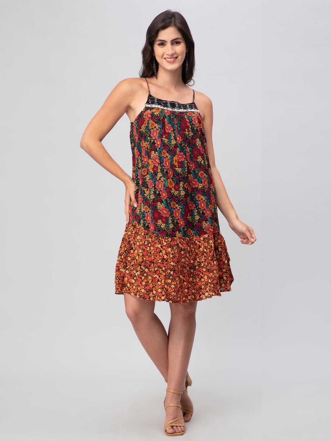 

DEBONATELLA Floral Printed Shoulder Strap A-Line Dress, Black