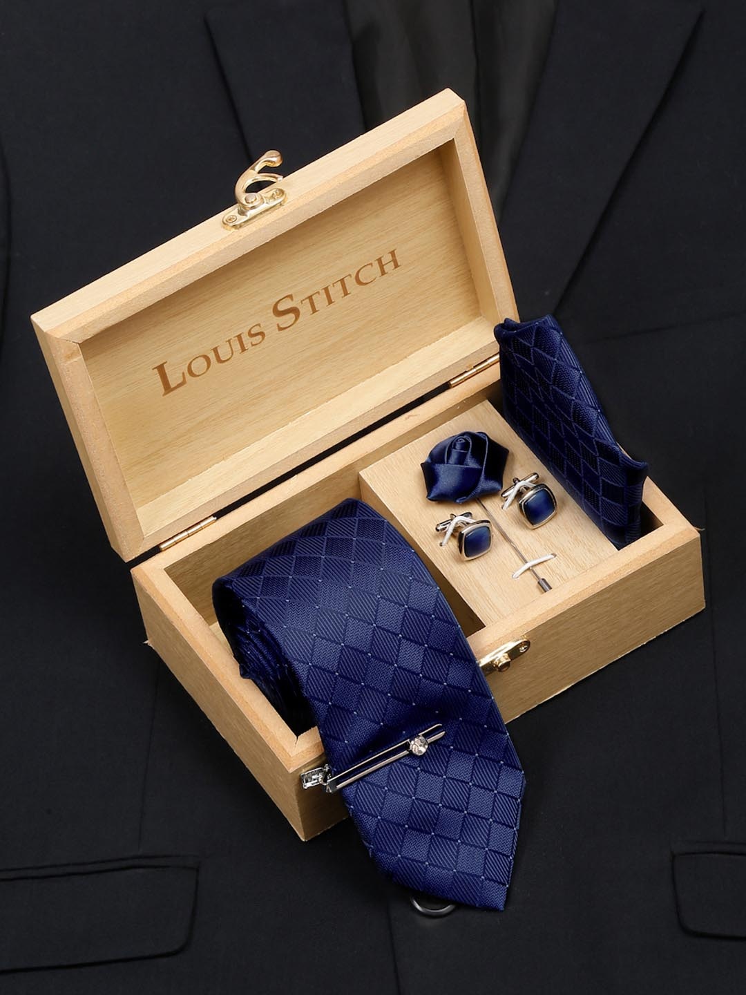 

LOUIS STITCH Men Italian Silk Necktie Accessory Gift Set, Navy blue