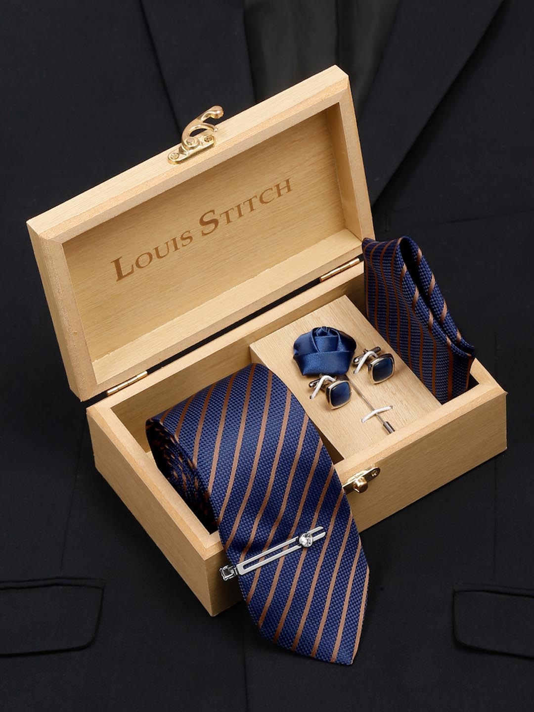 

LOUIS STITCH Men Italian Silk Necktie Accessory Gift Set, Navy blue