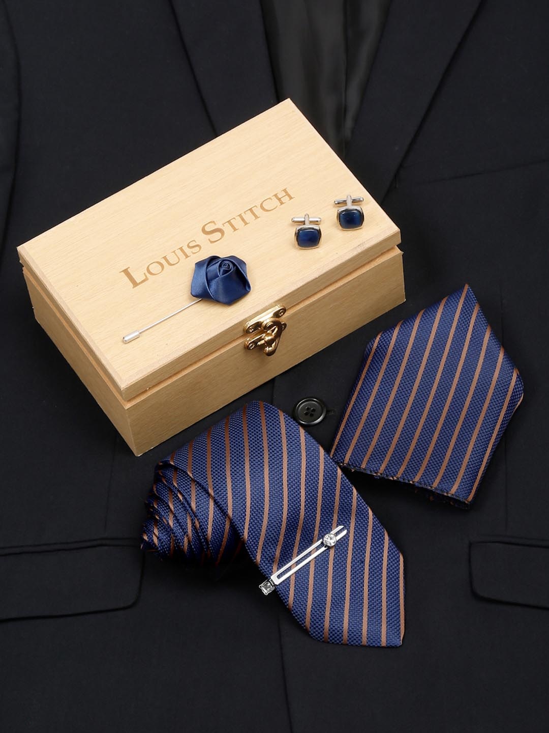 

LOUIS STITCH Men Italian Silk Necktie Accessory Gift Set, Navy blue