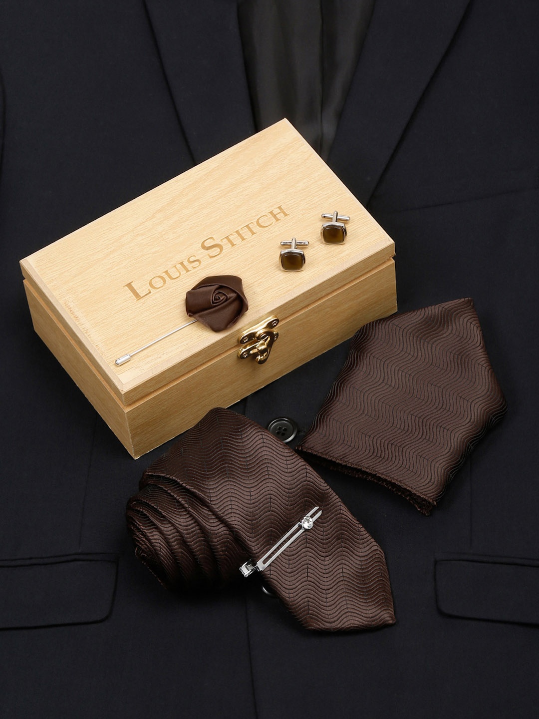 

LOUIS STITCH Men Italian Silk Necktie Accessory Gift Set, Camel brown