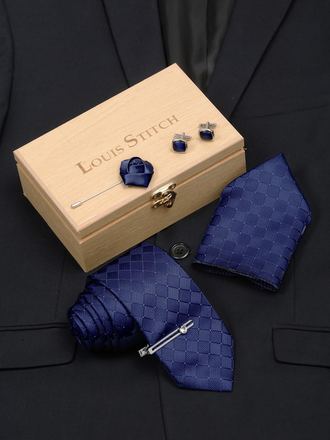 

LOUIS STITCH Men Silk Necktie Accessory Gift Set, Navy blue