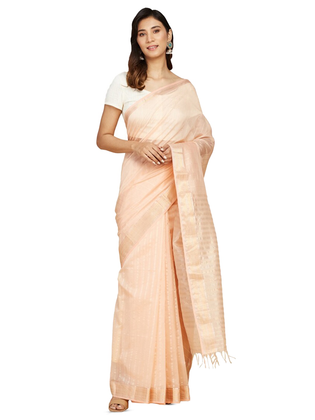 

Fabindia Striped Zari Silk Cotton Maheshwari Saree, Peach